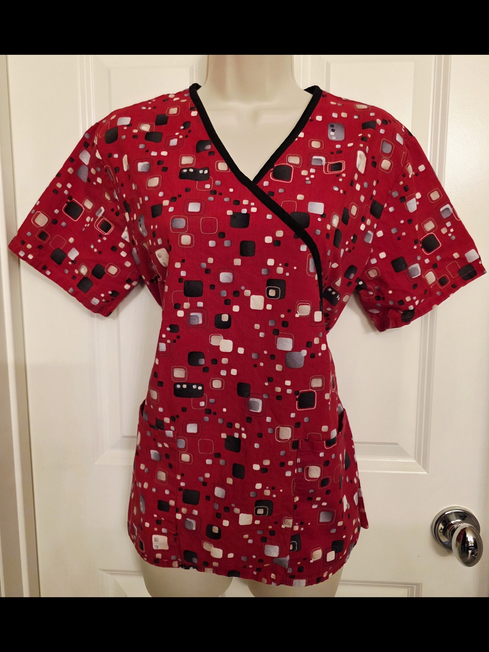 SB Scrubs Red Printed Wrap Top with Black Trim